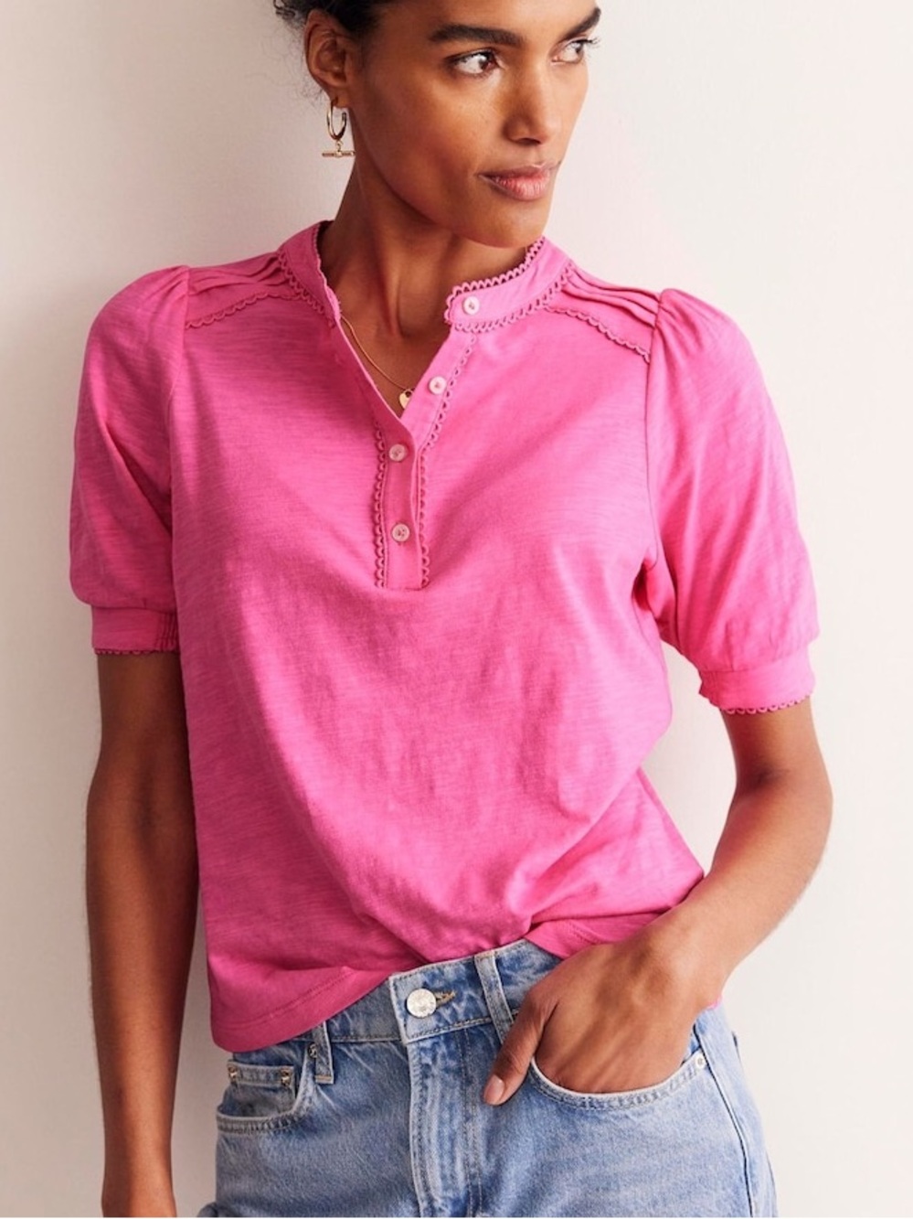 Boden Pink Pintuck Puff Sleeve Henley Cotton T-Shirt